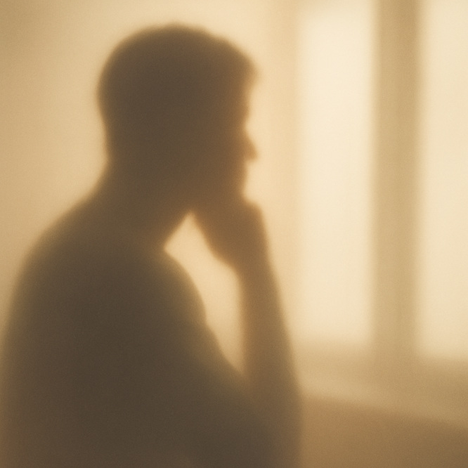 Soft backlit silhouette of a person gazing thoughtfully out a window in warm neutral tones