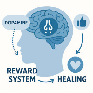 Digital illustration of a side-profile head showing a stylized brain with arrows linking “Dopamine,” “Reward System,” and “Healing” icons.
