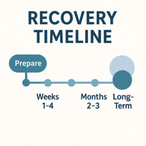 Horizontal timeline graphic labeled Prepare, Weeks 1–4, Months 2–3, and Long-Term, illustrating the stages of porn addiction recovery.