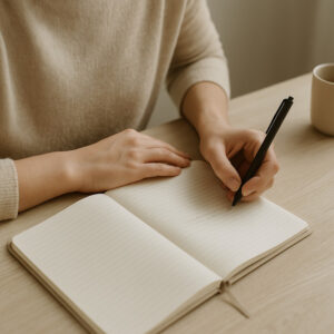 Close-up of a person’s hands writing in a lined journal on a light wooden table, with a beige mug nearby, representing recovery journaling.