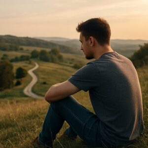 Man sitting on a grassy hillside at sunset, gazing thoughtfully down a winding dirt path through rolling fields, symbolizing reflection in recovery.