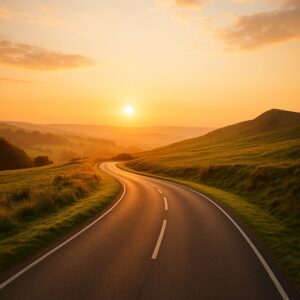 Empty winding road through green fields under a golden sunrise, evoking the journey toward lasting freedom and new beginnings.